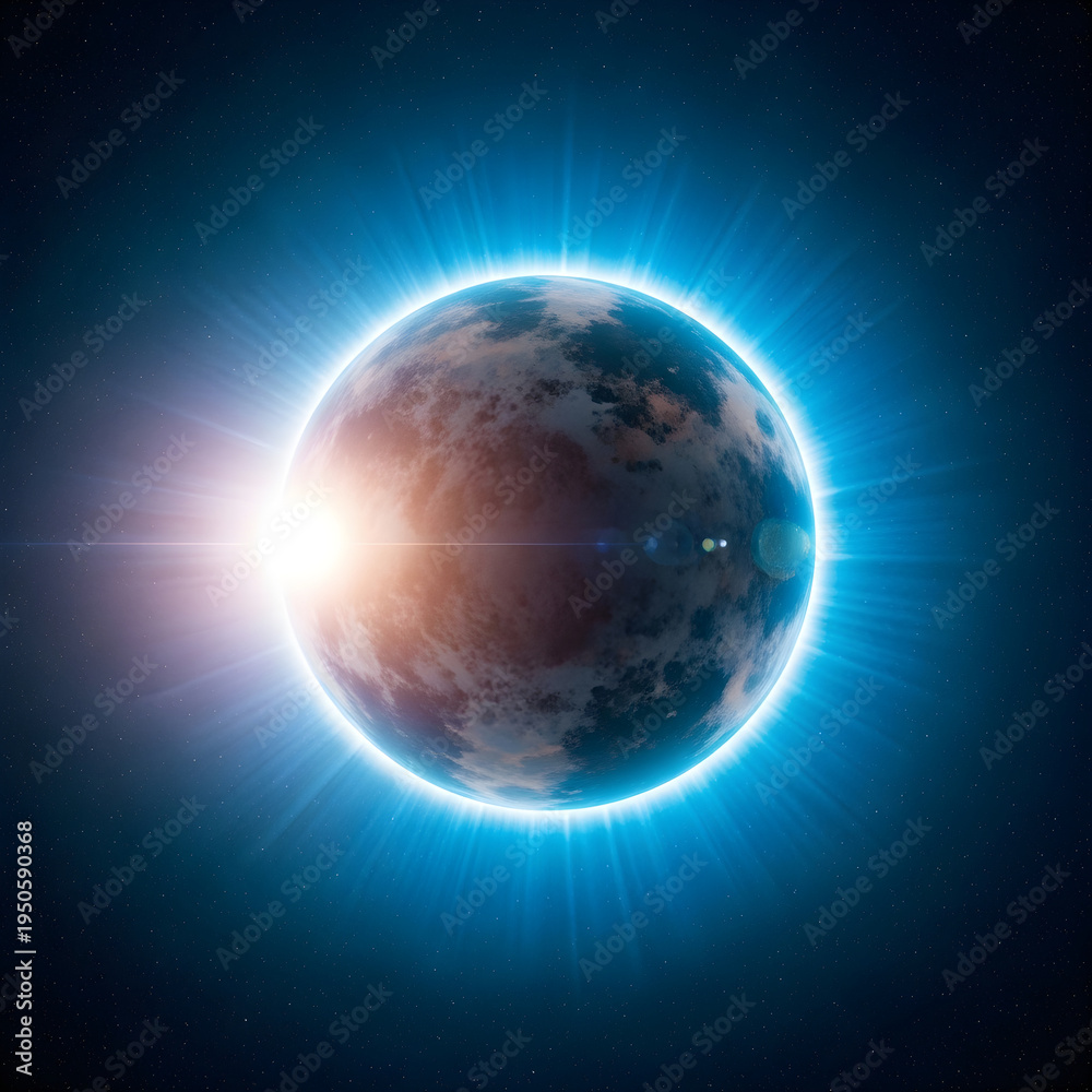 Fototapeta premium Glowing planet earth with solar flare and blue aura in space