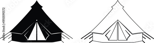 Camping tent icons set outdoor adventure shelter symbols with camp tents, mountain and forest travel elements for hiking tourism nature trip vector illustration design collection group