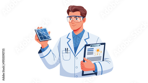 Innovation in Energy: A scientist in a lab coat and safety glasses inspects a solar panel and a clipboard detailing sustainable solutions, symbolizing the promise of a greener tomorrow.