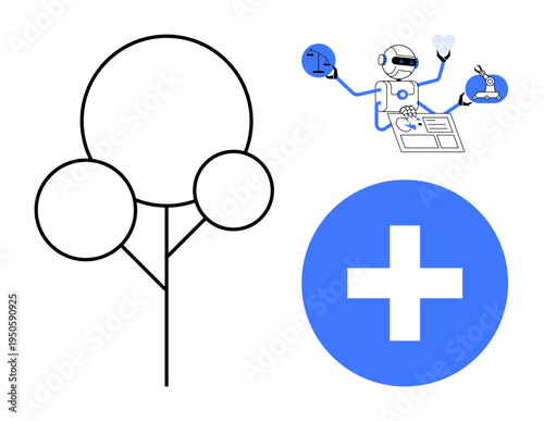 Healthcare advancement, artificial intelligence, medical technology, digital diagnostics, innovation, future science. Stylized tree graphic, robot with medical icons, and a blue medical cross
