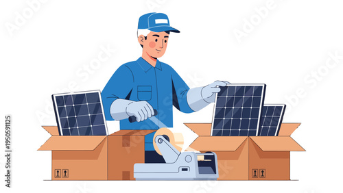 Packing Solar Panels: A worker carefully packages solar panels into cardboard boxes. Illustrating environmental consciousness. 