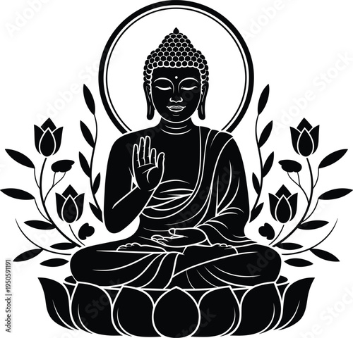 Lord Buddha vector sitting in meditation on lotus flower with floral leaves, zen and spiritual silhouette