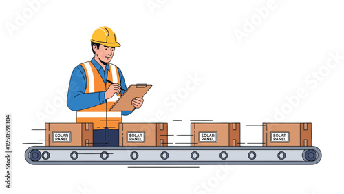 Industrial worker and Production Line: A focused worker carefully inspects packages on a high-speed production line, embodying efficiency and precision in a modern industrial setting. 