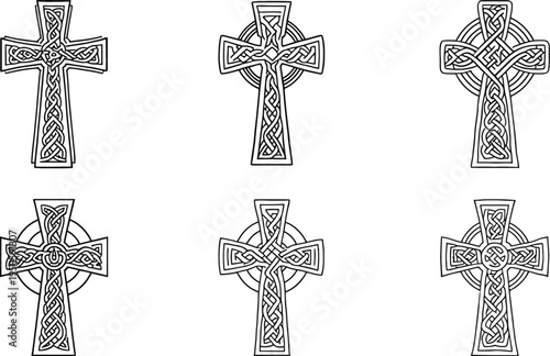 Set of six Celtic crosses with intricate knotwork rings and patterns traditional christian heritage symbol vector illustration design