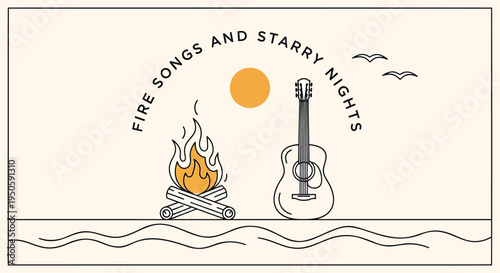 Vector illustration of campfire, guitar, and sun by the sea