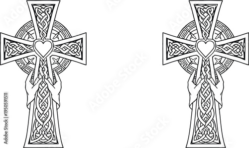Celtic style crosses with knotwork heart and hands faith love unity traditional christian symbol vector illustration design