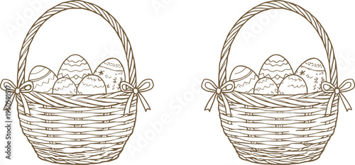 Two Easter baskets with decorated eggs bows and handles festive spring holiday celebration vector illustration design