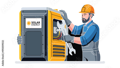Solar Generator Technician at Work: A skilled technician, equipped with tools, works diligently to repair or maintain a solar generator.