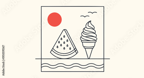 Vector illustration of summer icons, ice cream, watermelon and sun