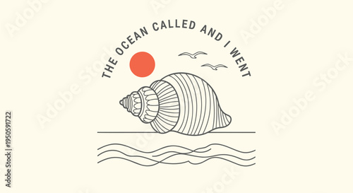 Vector illustration of seashell with sun and waves, beach quote