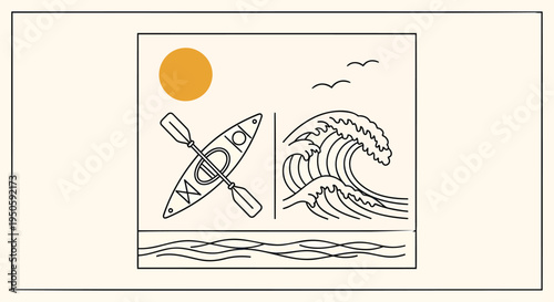 Set of 2 vector ocean icons with kayak and wave