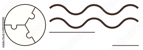 Collaboration, global relationships, connectivity, problem-solving, teamwork, and creativity. Puzzle globe paired with wavy lines. Collaboration and global relationships are the primary focus