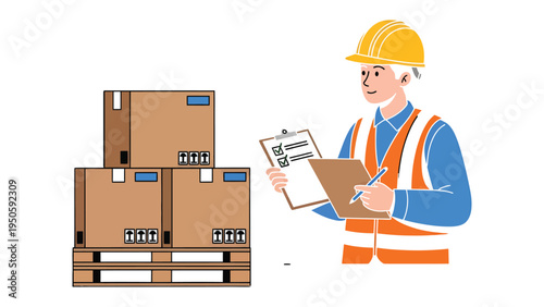 Warehouse Inspection: A diligent warehouse worker in a hard hat and safety vest meticulously reviews a clipboard next to a stack of packed boxes on a pallet.