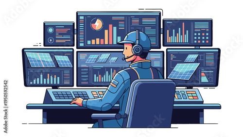 Data Analyst in Command: A skilled analyst sits before a series of monitors, diligently interpreting data visualizations in a control room, symbolizing technological prowess and meticulous insight.