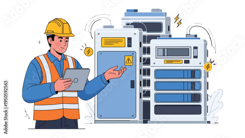 The Engineer and the Electrical Components: An engineer in safety gear inspects electrical equipment. A scene of modern industry.
