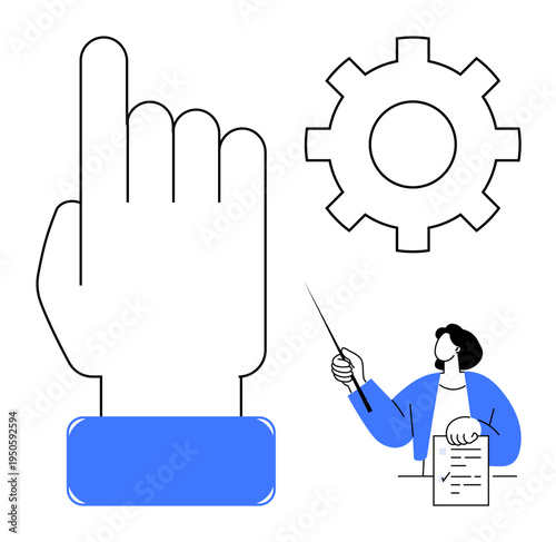 Large clicking hand gesture, gear icon for process or system, person instructing with pointer and notes. Ideal for technology, training, teamwork, guidance, innovation, system design education