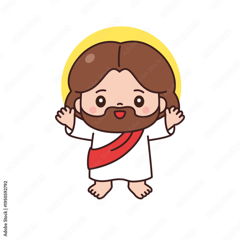 Obraz premium Cute kawaii chibi Jesus Christ standing waving with yellow halo on white background