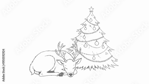 Sleeping reindeer rests near decorated Christmas.