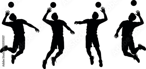 Four volleyball player silhouette jumping to hit ball in different positions