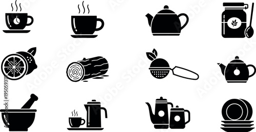 Silhouette icons of various kitchen utensils and coffee cups