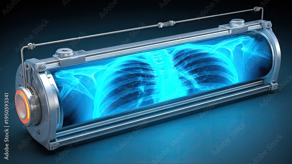 Obraz premium Futuristic medical container displays an illuminated internal human ribcage scan against a dark background.