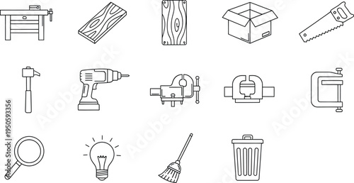 Workshop diy hand drawn icons collection with tools materials equipment