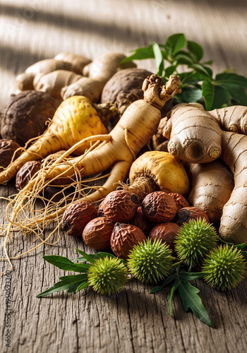 A blend of natural African and Asian aphrodisiac plants, fresh ginger, ginseng root, maca, kola nut, and tribulus terrestris, served on a rustic wooden table.