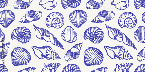 Seamless coastal pattern with blue seashells, starfish, leaves, and citrus slices on white background. Mediterranean repeating texture for fabric, wrapping paper, wallpaper, stationery, and textiles.