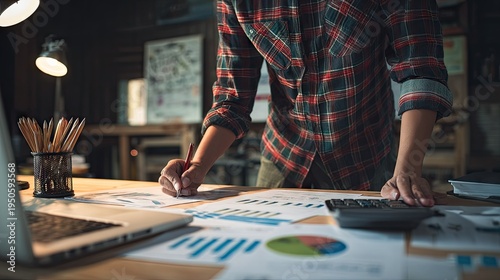 Person standing at desk reviewing financial data and making calculations late in the evening.