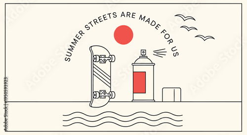 Summer street scene vector illustration with skateboard and sunscreen