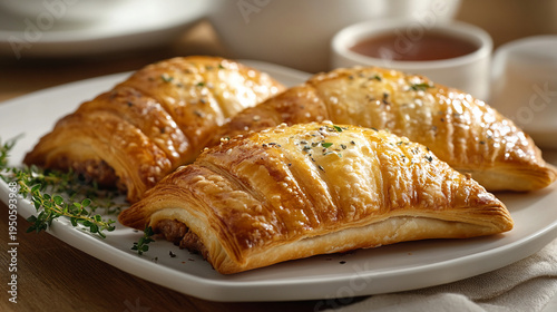 Wallpaper Mural Savory beef empanadas on a white plate with herbs and dipping sauce on a wooden table in a cozy setting Torontodigital.ca