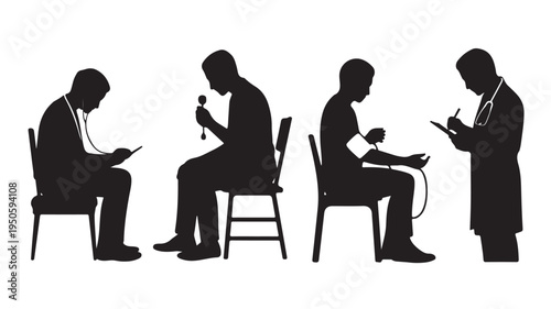 Patient and doctor silhouettes in a professional black and white vector illustration for medical examination and healthcare services.