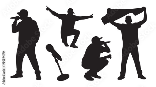 Hip Hop Performers Silhouettes with Dynamic Urban Style in Black and White Graphic Vector Format for Music Event Promotion.