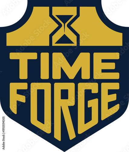 Time Forge logo design with hourglass symbol and shield shape emblem in gold and navy blue colors