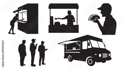 Street Food Vendors and Customers Silhouettes in Iconic Black and White Vector Illustration for Urban Lifestyle and Mobile Catering Design