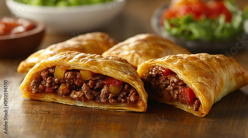 Wallpaper Mural Savory beef empanadas on wooden table with fresh salad and salsa bowls in background appetizing latin american cuisine Torontodigital.ca
