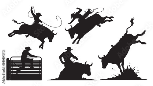 Bull Riding Cowboys Silhouettes Collection Isolated on White Background Vector Art