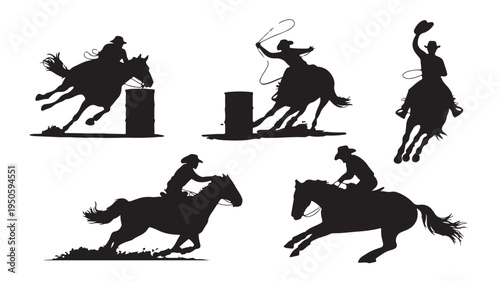 Rodeo Cowboys Horse Riding Silhouettes Set Isolated on White