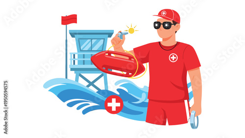 Lifeguard on Duty: A vigilant lifeguard, dressed in red and equipped with essential safety tools, stands ready to protect swimmers, with the lifeguard station and a warning flag in the background.