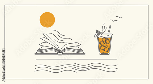 Vector illustration of book, boba tea, and sun by the sea