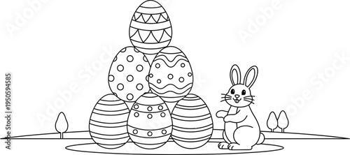 Coloring page of a bunny next to stacked ice cream cones