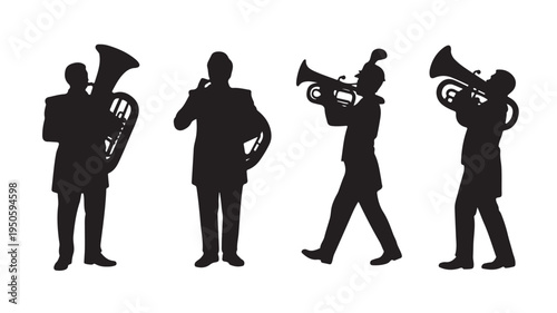 Marching Band Musicians Silhouettes Playing Brass Instruments Isolated on White