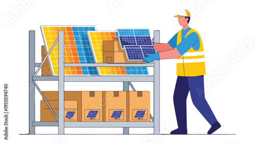 Solar Panel Technician at Work: An animated technician is shown in a warehouse, carefully organizing solar panels on the shelf with focused diligence, embodying the principles of sustainable energy.