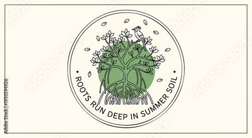 Vector illustration of green plant roots in summer soil, eco-friendly design element