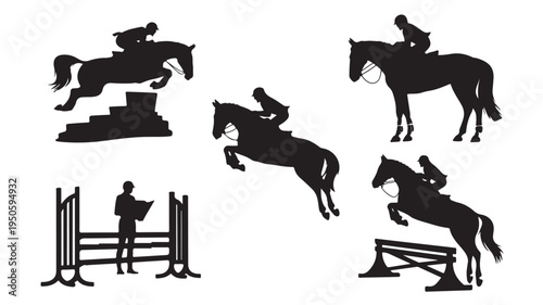 Show Jumping Horse Rider Silhouettes Jumping Over Obstacles Isolated Vector Graphic