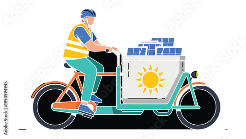Solar Panel Delivery: A person cycles a cargo bike laden with solar panels, signifying a commitment to sustainable energy, the future, and environmental stewardship.