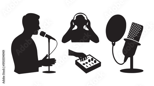 Podcast Broadcasting Recording Studio Silhouettes Vector Icons