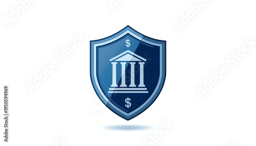 Blue Shield Icon with Bank Building and Dollar Signs