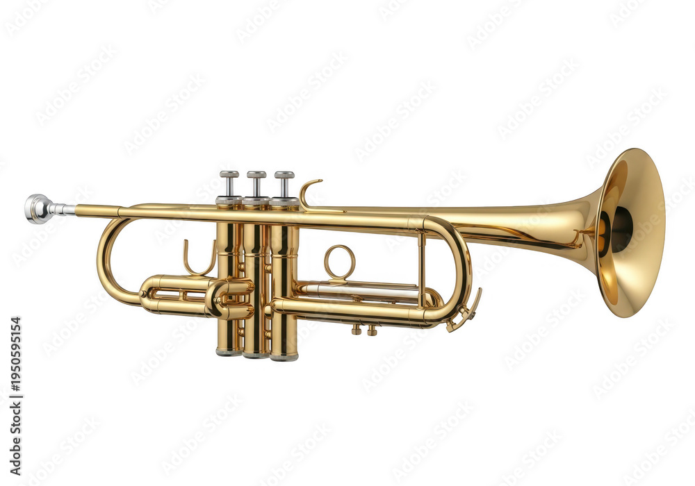 Fototapeta premium Shiny brass trumpet instrument with three valves and bell flare
