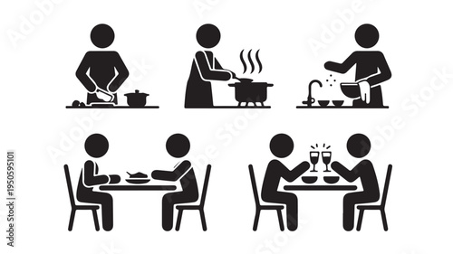 Stick Figures Cooking and Dining Icon Set Isolated on White